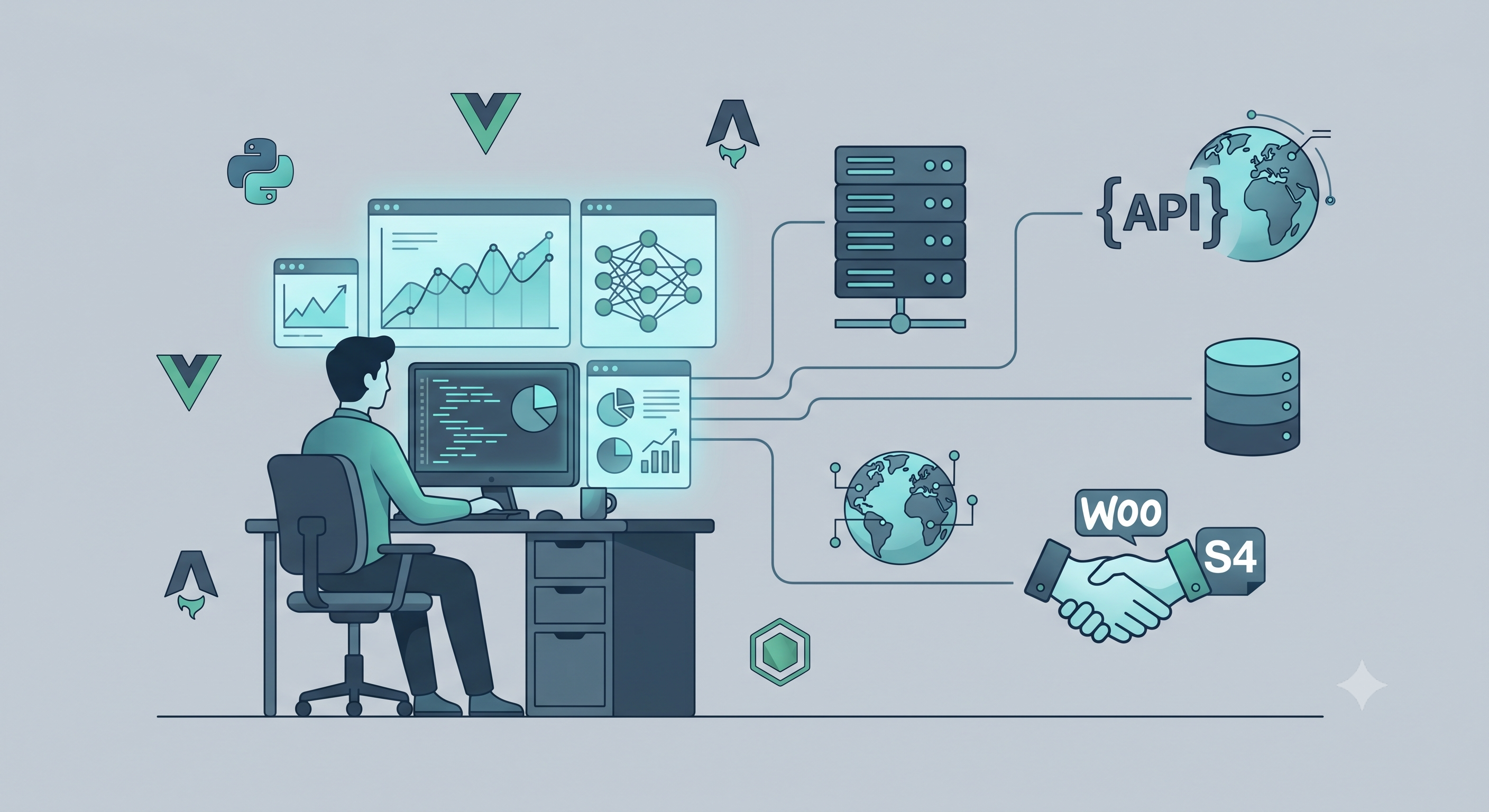 Ilustrace moderních technologií: Data, AI a integrace systémů